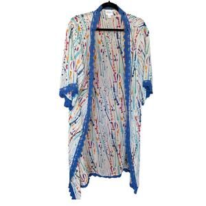 LulaRoe Women's Chloe Cascading Colorful Kimono Size Small Lace Detail